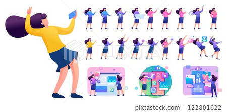 Set of Young Woman. Presentation in various in various poses and actions. 2D Flat character vector illustration N1 122801622