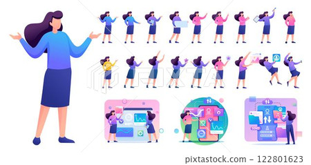 Set of Young Woman. Presentation in various in various poses and actions. 2D Flat character vector illustration N3 122801623
