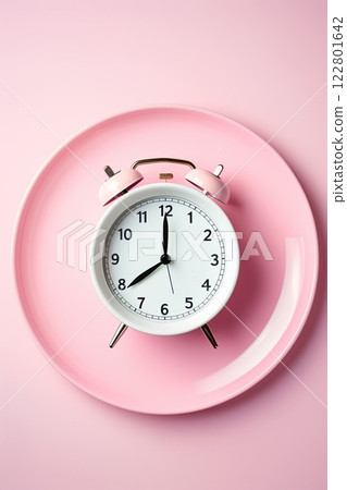 Clock on a plate. Fasting diet for weight loss and well being. Healthy eating. Generative Ai 122801642