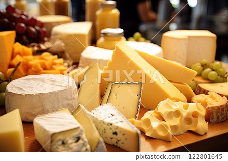 Variety of Cheese in the store. Generative Ai 122801645