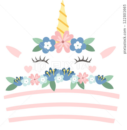 Lovely unicorn face with closed eyes, horn, ears, flowers and pink stripes creating a cute and magical design for girls, perfect for prints, decorations, and fantasy themed projects 122801665