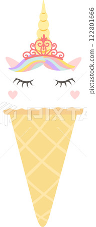 Whimsical illustration featuring a sleeping unicorn ice cream, complete with a crown, rainbow colored hair, and closed eyes, evokes a sense of childlike wonder and magic 122801666