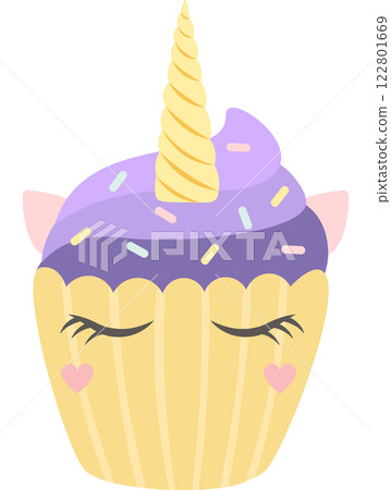 Adorable unicorn cupcake decorated with purple frosting, sprinkles, a golden horn, pink ears, closed eyes and hearts, creating a whimsical and magical treat Adorable unicorn cupcake decorated with purple frosting, sprinkles, a golden horn, pink ears, closed eyes and hearts, creating a whimsical and magical treat 122801669