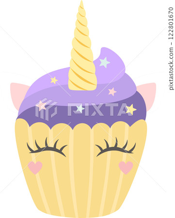 Adorable unicorn cupcake with purple frosting, stars, a golden horn and closed eyes with long eyelashes is winking, creating a whimsical and magical treat Adorable unicorn cupcake with purple frosting, stars, a golden horn and closed eyes with long eyelashes is winking, creating a whimsical and magical treat 122801670