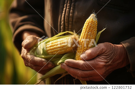Farmer holding corn in hands. Generative Ai 122801732