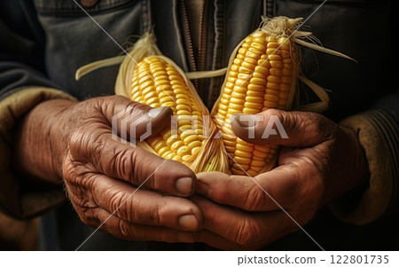 Farmer holding corn in hands. Generative Ai 122801735
