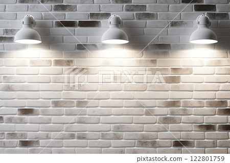 Spotlights on the white brick wall. Empty space for image, photograph, design. Generative Ai 122801759