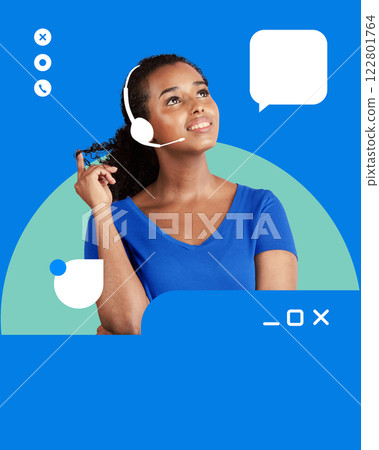 Creative art design. Woman in white headset, touching hair, looking up, surrounded by chat symbols, representing professional and friendly online service. Creative art design. Woman in white headset, touching hair, looking up, surrounded by chat symbols, representing professional and friendly online service. 122801764
