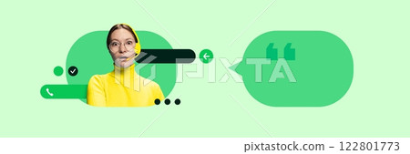 Creative art design. Woman in headset, surprised expression, surrounded by digital chat elements, symbolizing unexpected customer service situation. Creative art design. Woman in headset, surprised expression, surrounded by digital chat elements, symbolizing unexpected customer service situation. 122801773