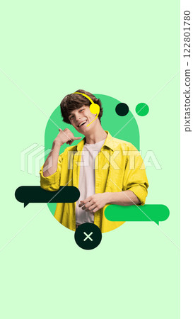 Creative art design. Man wearing headset, making call gesture with hand, surrounded by chat bubbles, symbolizing customer communication service. 122801780