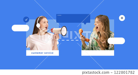 Contemporary art collage. Women in conversation, one with white headset using megaphone, other holding telephone receiver, symbolizing customer support challenges. Contemporary art collage. Women in conversation, one with white headset using megaphone, other holding telephone receiver, symbolizing customer support challenges. 122801782