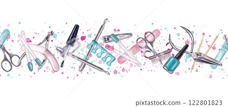 Hand painted manicure tools on watercolor colored stains horizontal seamless banner. Buffer, pusher, clippers, brush, cuticle scissors, emery board. Cosmetic instruments in pink, turquoise colors. 122801823