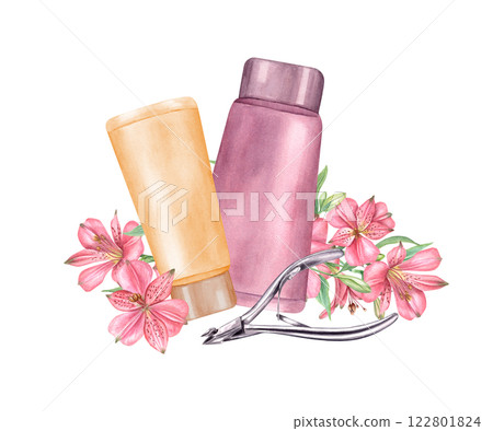 Plastic tubes with cream or hand lotion, steel cuticle nipper among pink flowers watercolor illustration isolated on white background. Gentle hygienic hand care, body treatment for salon advertising Plastic tubes with cream or hand lotion, steel cuticle nipper among pink flowers watercolor illustration isolated on white background. Gentle hygienic hand care, body treatment for salon advertising 122801824