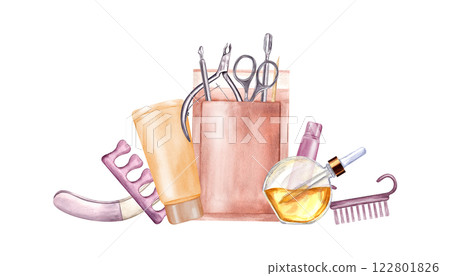 Manicure tools watercolor illustration isolated background. Hand cream, cosmetic oil, metallic cuticle trimmer, nail clippers and scissors in paper bag. Nail care accessories for beauty salon, label 122801826