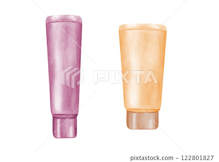 Two plastic tubes without label for hand cream, body lotion, gel or hair shampoo watercolor illustration isolated background. Cosmetic care, treatment elements for package design, template as mock up 122801827