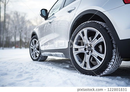 Winter car tire. Snow driving equipment. Generative Ai Winter car tire. Snow driving equipment. Generative Ai 122801831
