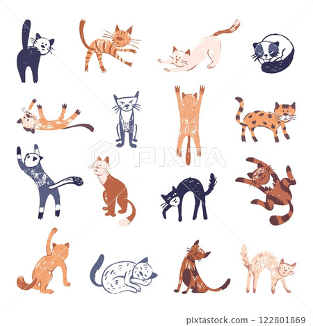 Grunge abstract kittens. Children style crayon draw, isolated cats in different poses. Cat rest and sleep, jump, has fun. Pets characters neoteric vector set 122801869