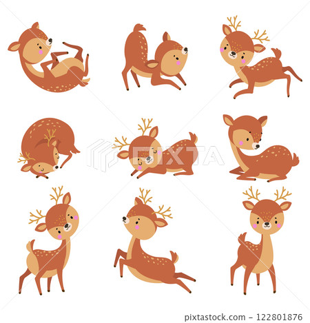 Cartoon deer. Cute adorable deers various poses. Funny forest wild animal sleep jumping running play, has joy. Children mascots nowaday vector characters Cartoon deer. Cute adorable deers various poses. Funny forest wild animal sleep jumping running play, has joy. Children mascots nowaday vector characters 122801876