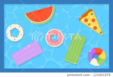 Rubber mattress and rings in water pool. Swimming accessories on water surface, inflatable toys watermelon, donut and pizza slice. summer vacation vector background 122801879