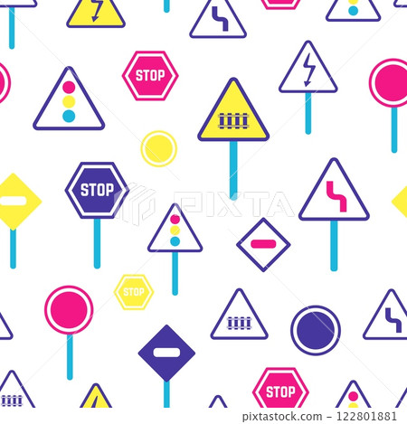 Road signs seamless pattern. Colorful abstract traffic symbols for safety driving, stop, turn, railway. Children print, fabric or wrapping design, vector background Road signs seamless pattern. Colorful abstract traffic symbols for safety driving, stop, turn, railway. Children print, fabric or wrapping design, vector background 122801881