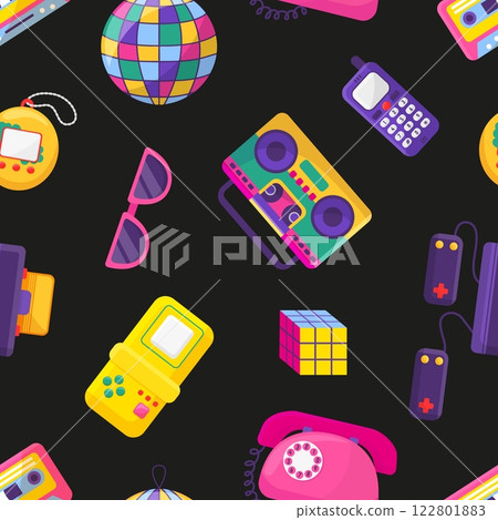 Retro 90s 80s items seamless pattern. Game tools phone disco ball audio record system. Hipster style neon elements, decorative fabric vector print 122801883