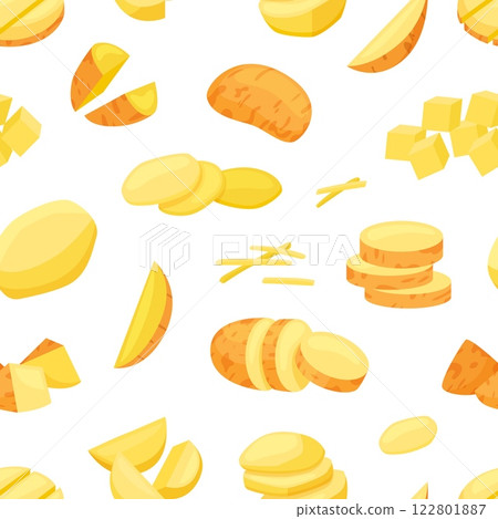 Raw potato seamless pattern. Isolated potatoes cutting, cubes, stripes, slices. Vegetable food print design for fabric, wallpaper, wrapping, vector background Raw potato seamless pattern. Isolated potatoes cutting, cubes, stripes, slices. Vegetable food print design for fabric, wallpaper, wrapping, vector background 122801887