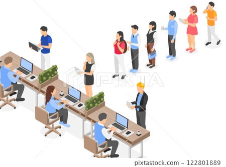 Queue for office workers. Social services, administration, tax office or notary services. Bank clerks at work, isometric characters in waiting line, vector scene Queue for office workers. Social services, administration, tax office or notary services. Bank clerks at work, isometric characters in waiting line, vector scene 122801889