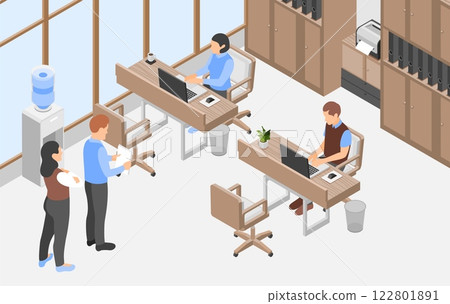 People working in office, social service. Queue at bank, at accountants or notarys office, at law firm. Customers waiting served, isometric vector scene People working in office, social service. Queue at bank, at accountants or notarys office, at law firm. Customers waiting served, isometric vector scene 122801891