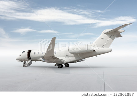 Modern white bizjet with an opened gangway door isolated on bright background with sky Modern white bizjet with an opened gangway door isolated on bright background with sky 122801897