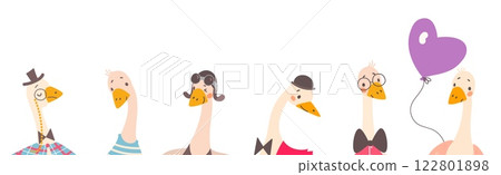 Goose heads banner. Cartoon geese in different emotions and hats. Adorable farm birds characters poster, childish animals with accessories, vector set 122801898