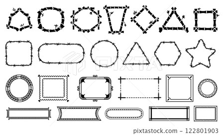 Different black frames. Frame from bamboo, barbwire, curly ornaments and lines. Isolated kit barbed wires banners, decorative design elements vector set Different black frames. Frame from bamboo, barbwire, curly ornaments and lines. Isolated kit barbed wires banners, decorative design elements vector set 122801903