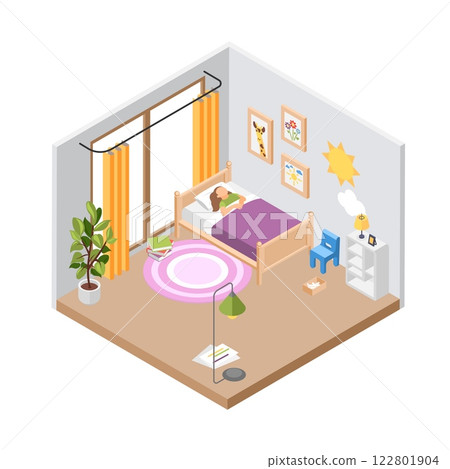 Child sleep in bedroom. Little girl in bed, isometric interior. Kid room with pictures, books, carpet, bookshelf, lamp. Home location vector scene Child sleep in bedroom. Little girl in bed, isometric interior. Kid room with pictures, books, carpet, bookshelf, lamp. Home location vector scene 122801904