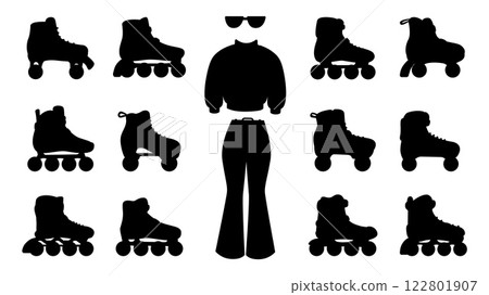 Black roller skates and retro outfit silhouettes. Active accessories and sport equipment in vintage 80s 90s. Hipster elements, rollers vector clipart 122801907
