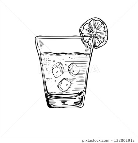 Drink with ice, citrus slice in glass vector isolated illustration painted by black inks. Etching drawing of lemonade, mojito cocktail, tequila beverage, aromatic cold water. Food element for menu. 122801912