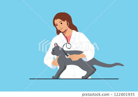 Female veterinarian with brown hair in white coat examines gray cat using stethoscope in veterinary clinic. Design element for animal health care concept. Modern flat style vector illustration. Female veterinarian with brown hair in white coat examines gray cat using stethoscope in veterinary clinic. Design element for animal health care concept. Modern flat style vector illustration. 122801935