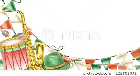 Carnival accessories, music instruments, flag garlands horizontal frame with copy space for text. Holiday watercolor illustration isolated background. Mardi Gras, Brazilian, Venetian musical festival 122802031