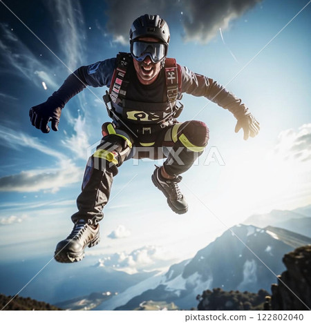 Human emotions in flight. A parachutist against the sky before landing. 122802040