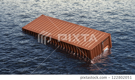 Orange metal cargo container floating in water background 122802051