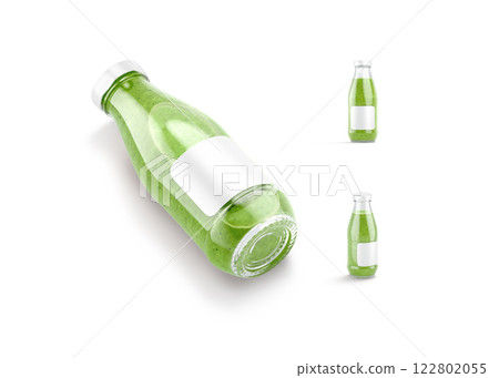Blank transparent glass kiwi juice bottle mockup, different views 122802055