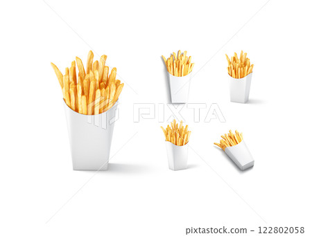 Blank white paper pack with french fries mockup, different views 122802058