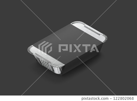 Blank aluminium foil container with black label mockup, dark background 122802068