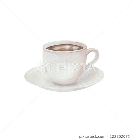 White cup of hot coffee on a saucer. Watercolor illustration. The elegant and minimalist design is ideal for cafe, kitchen decor, vintage artwork. Isolated on white background, hand drawn White cup of hot coffee on a saucer. Watercolor illustration. The elegant and minimalist design is ideal for cafe, kitchen decor, vintage artwork. Isolated on white background, hand drawn 122802075