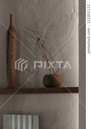 Wabi sabi decoration elements for living room. Textured clay wall, handmade irregular shaped ceramic vase with autumn tree branch and solid oak handmade tall vase. 122802112