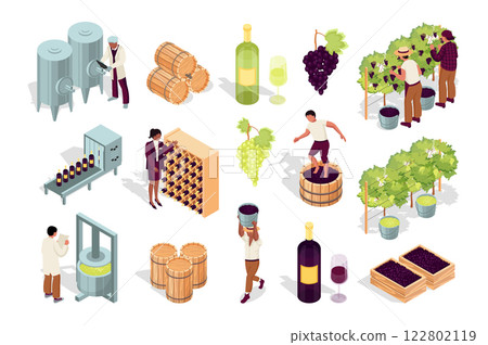 Winery 3d isometric mega set in flat design. Collection isometry elements of wine bottles, wineglass, grape crop, production, manufacture process, beverage producer, vine, other. Vector illustration. 122802119
