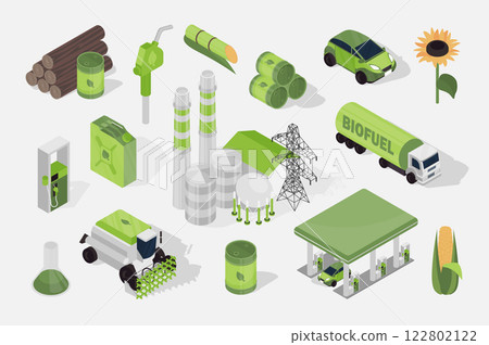 Biofuel 3d isometric mega set in flat design. Collection isometry elements of renewable bio energy, sunflower, corn, factory, car station, biodiesel canister, barrels, other. Vector illustration. 122802122