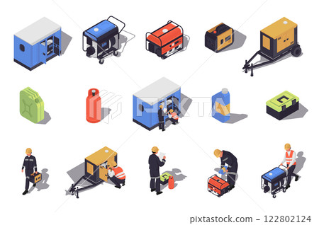 Generators maintenance 3d isometric mega set in flat design. Collection isometry elements of different types of portable electric power generators, canisters, technicians, other. Vector illustration. 122802124