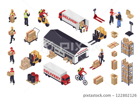 Delivery 3d isometric mega set in flat design. Collection isometry elements of operators, workers with parcel boxes, couriers, packaging, warehouse, truck transportation, other. Vector illustration. Delivery 3d isometric mega set in flat design. Collection isometry elements of operators, workers with parcel boxes, couriers, packaging, warehouse, truck transportation, other. Vector illustration. 122802126