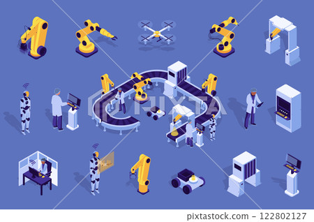 Automatic factory 3d isometric mega set in flat design. Collection isometry elements of robotic arms, robot assistance, conveyor belt, line assembling, production process, other. Vector illustration. 122802127