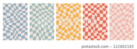 Groovy Checkered Background set. Isolated Retro Twisted Template. Waves Trippy Grid. Trendy print 1970s. Hippie aesthetic psychedelic Groovy Checkered Background set. Isolated Retro Twisted Template. Waves Trippy Grid. Trendy print 1970s. Hippie aesthetic psychedelic 122802183