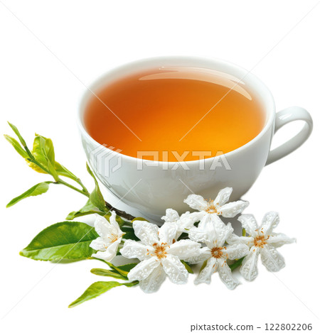 Aromatic Jasmine Tea with Delicate White Flowers and Fresh Green Leaves in a White Cup. 122802206